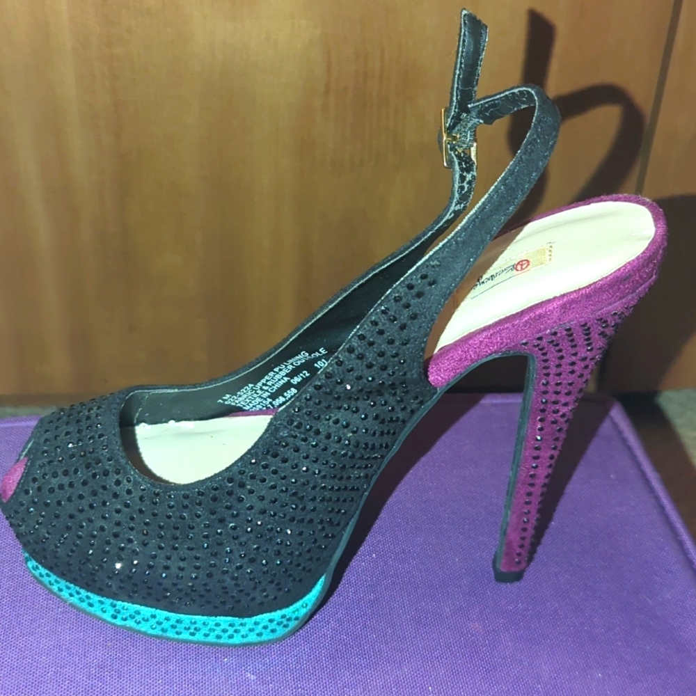Blacked bedazzled peep toe tri-color stiletto slingback